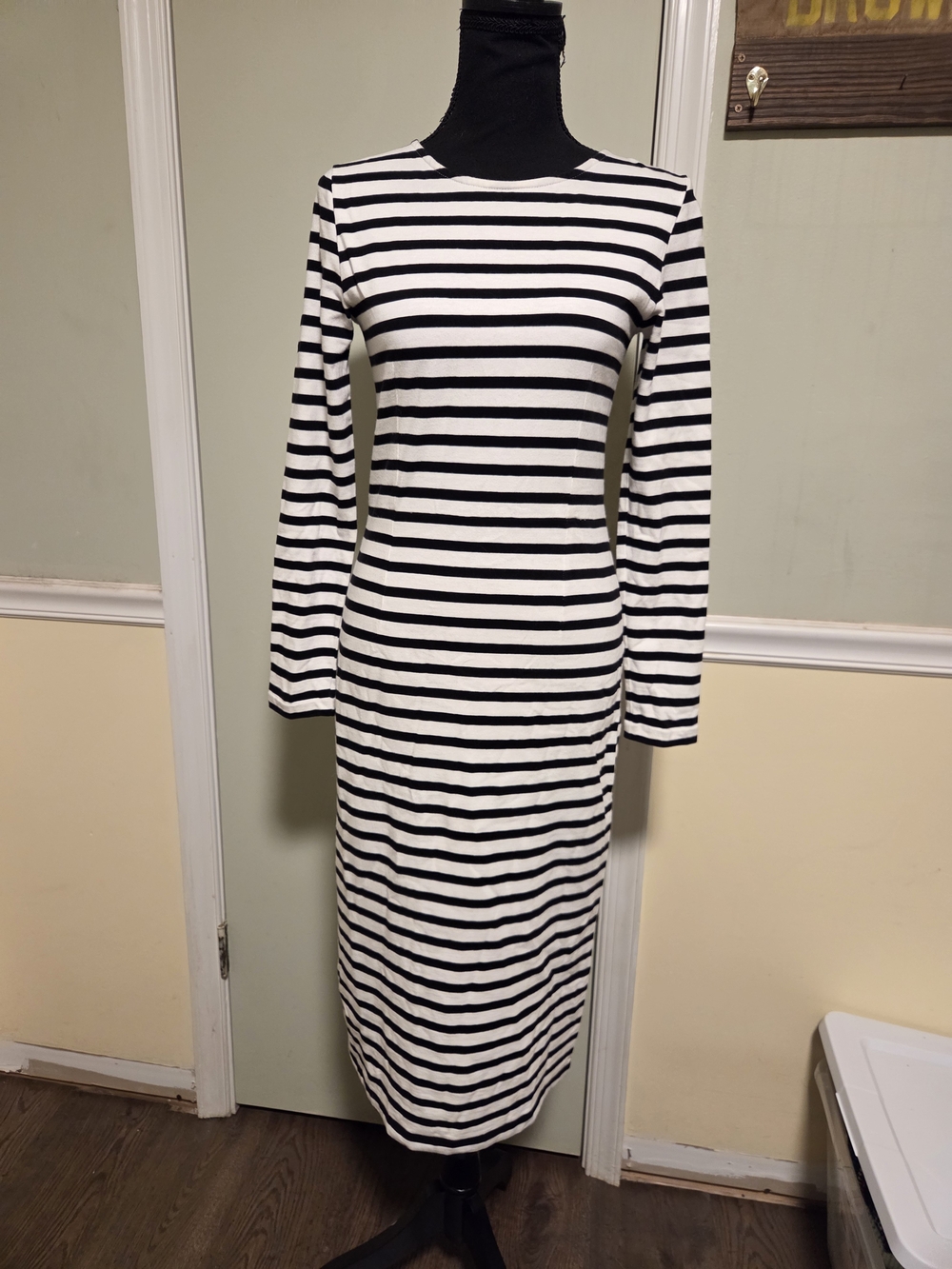 J. Crew Black and White Striped Long Sleeve Midi Dress